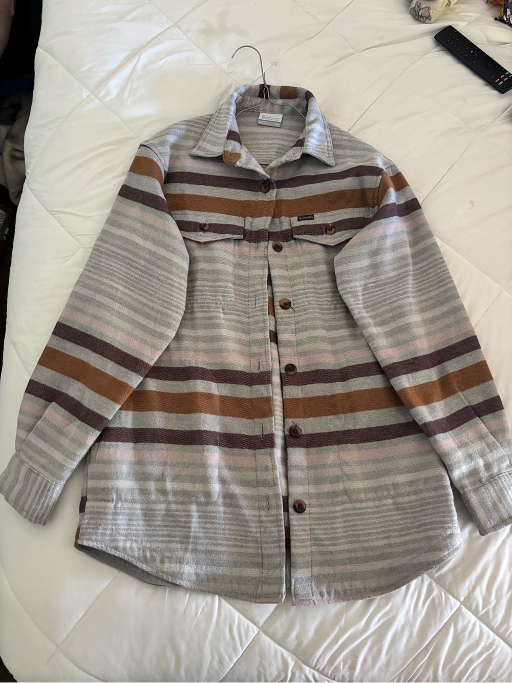 Columbia Striped Button-Down Shirt Jacket in Gray, Brown & Pink